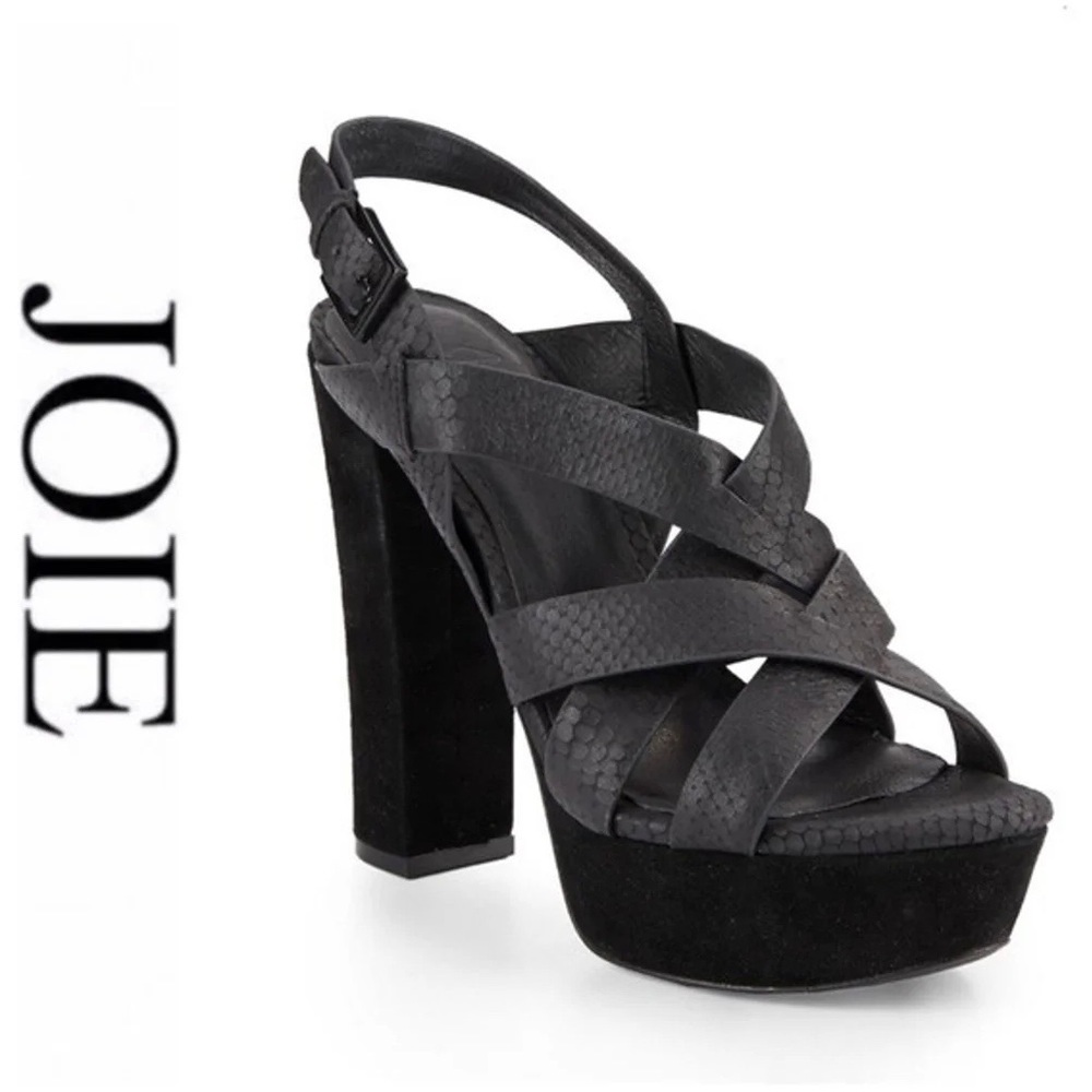 Joie Inez Snake Embossed Cement Heel Platform Black Sandal